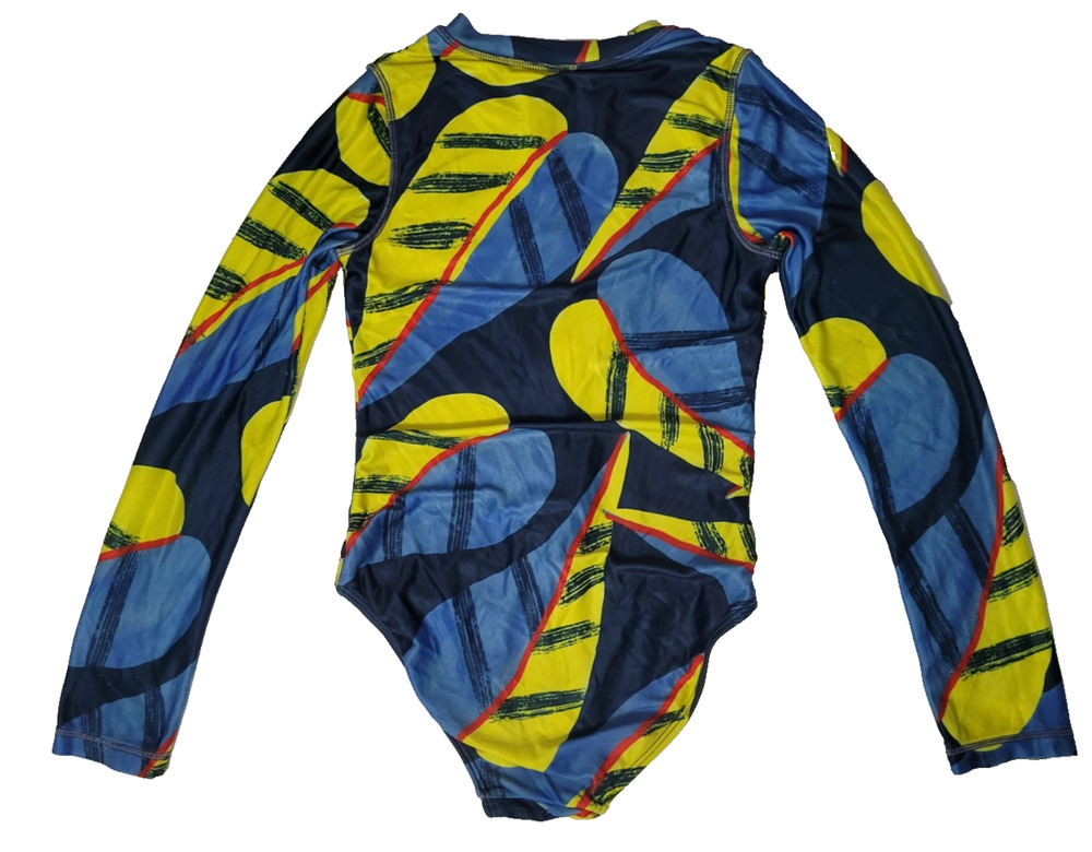 Tea Collection Girls 8 Long Sleeve One Piece Swimsuit Blue Yellow Abstract Print